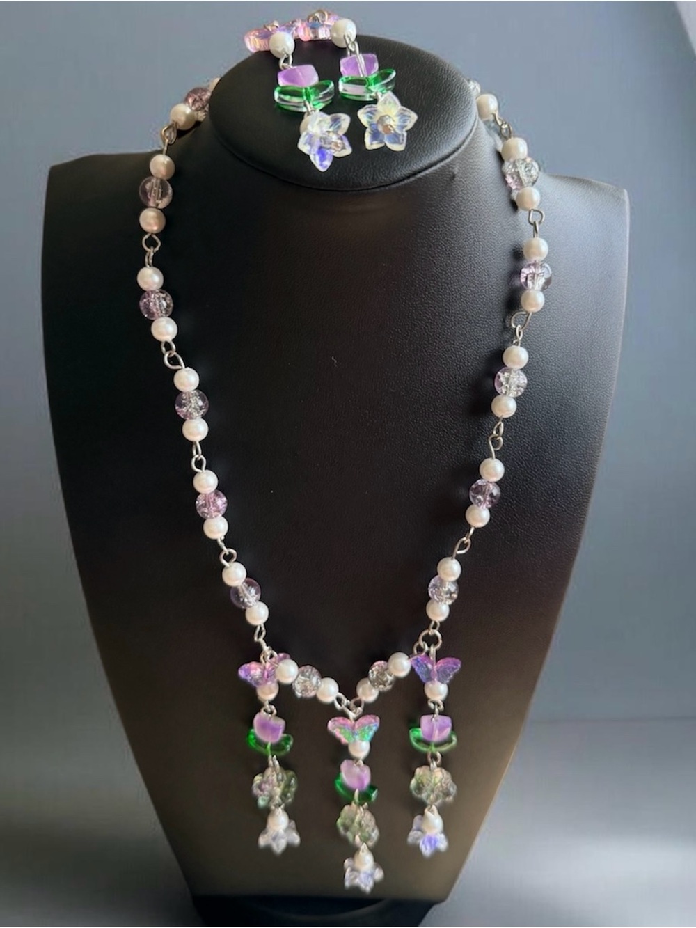 Handcrafted Purple and Green Glass Flower Drop Necklace - Women Jewelry